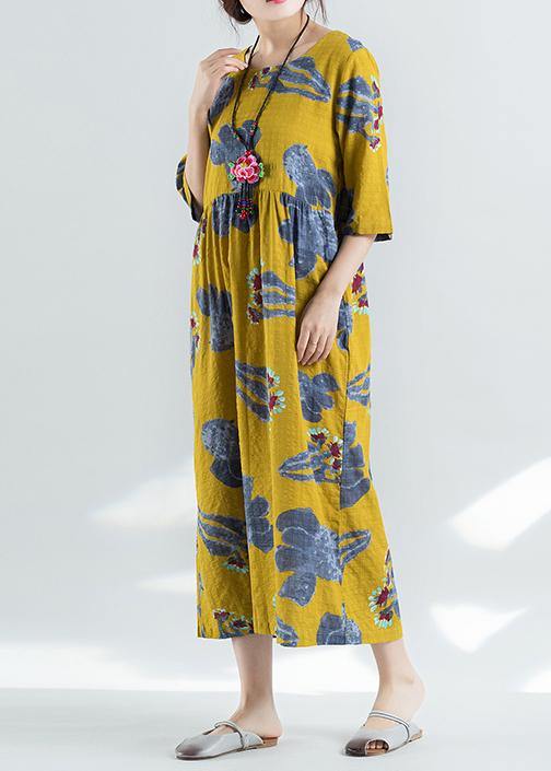 100% yellow prints linen dress Boho Catwalk high waist summer Dresses - SooLinen