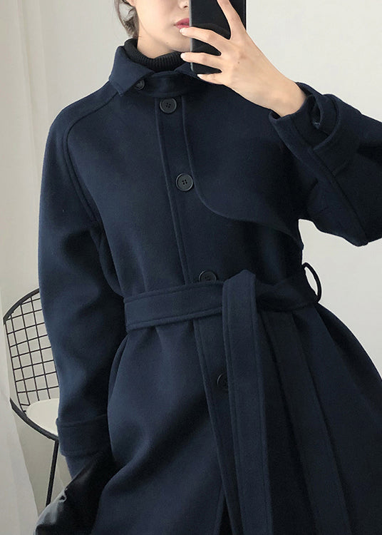 Modischer, locker sitzender Trenchcoat, Frühlings-Navy-Wollmantel mit Taillenbindung