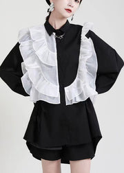 Stylish Black PeterPan Collar Button Ruffles Asymmetrical Design Fall Top Long Sleeve