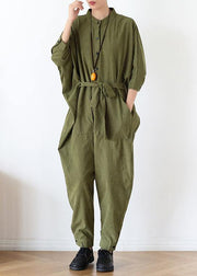 2021 Fall army green original design retro  drawstring one-piece overalls - SooLinen