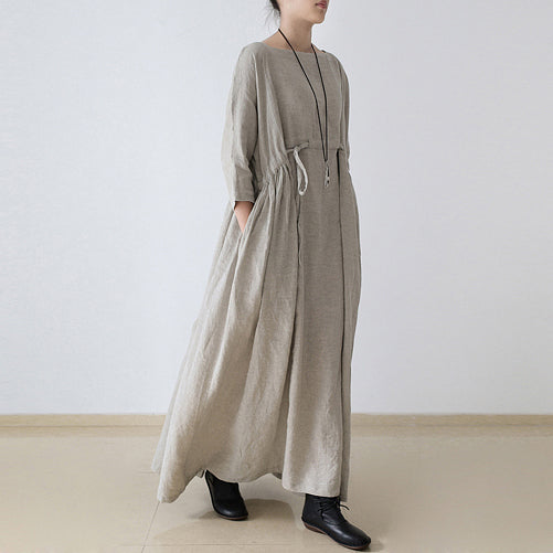 2024 autumn Nude natural linen caftans plus size linen dresses drawstring waist design flattering dress