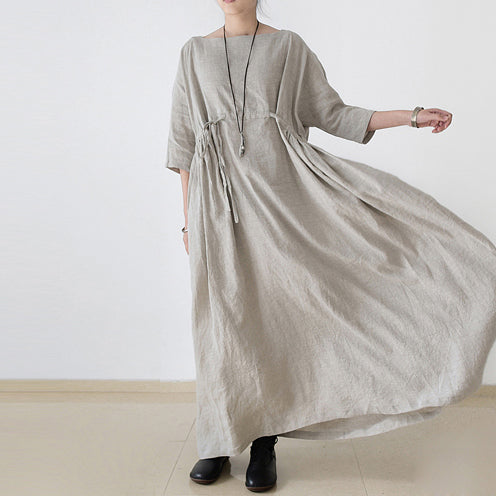 2024 autumn Nude natural linen caftans plus size linen dresses drawstring waist design flattering dress