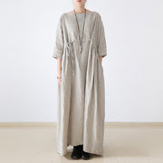 2024 autumn Nude natural linen caftans plus size linen dresses drawstring waist design flattering dress