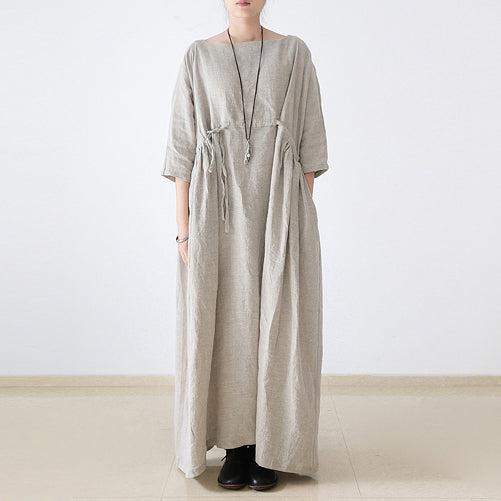 2024 autumn Nude natural linen caftans plus size linen dresses drawstring waist design flattering dress