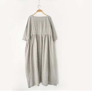 2024 autumn Nude natural linen caftans plus size linen dresses drawstring waist design flattering dress