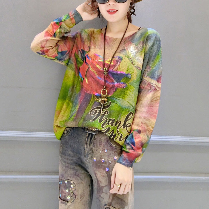 2024 autumn new roses prints cotton knit tops plus size lon sleeve sweater