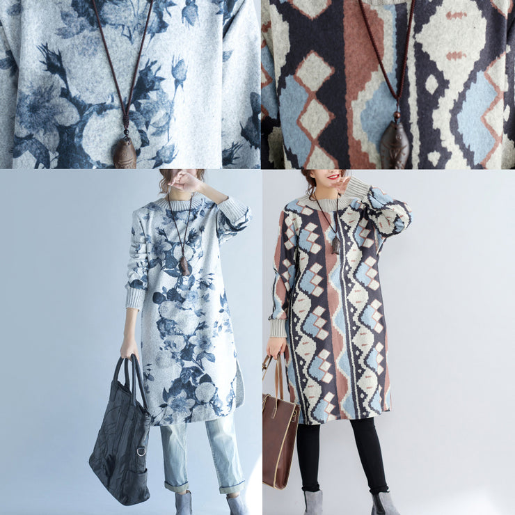 2024 autumn winter gray print woolen knit dresses plus size  fit sweater dress side open