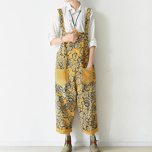 2024 autumn yellow print jumpsuits cotton pants oversize casual fall outfits