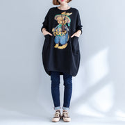 2024 black warm animal print cotton casual dress plus size long sleeve pullover dress