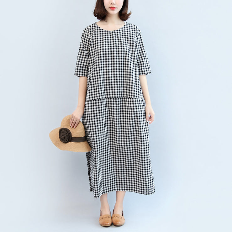 2024 black white plaid cotton dresses baggy loose half sleeve maxi dress side open