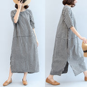 2024 black white plaid cotton dresses baggy loose half sleeve maxi dress side open