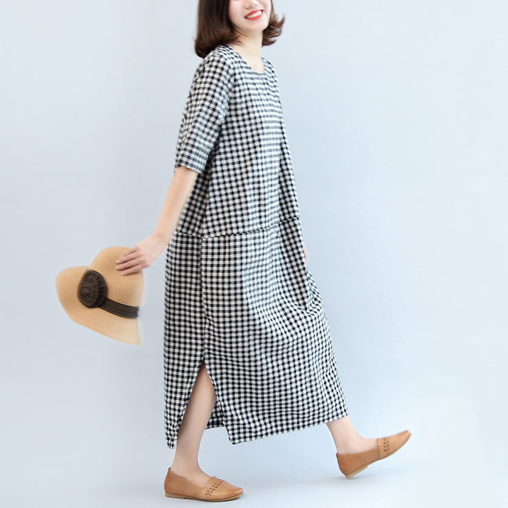 2024 black white plaid cotton dresses baggy loose half sleeve maxi dress side open