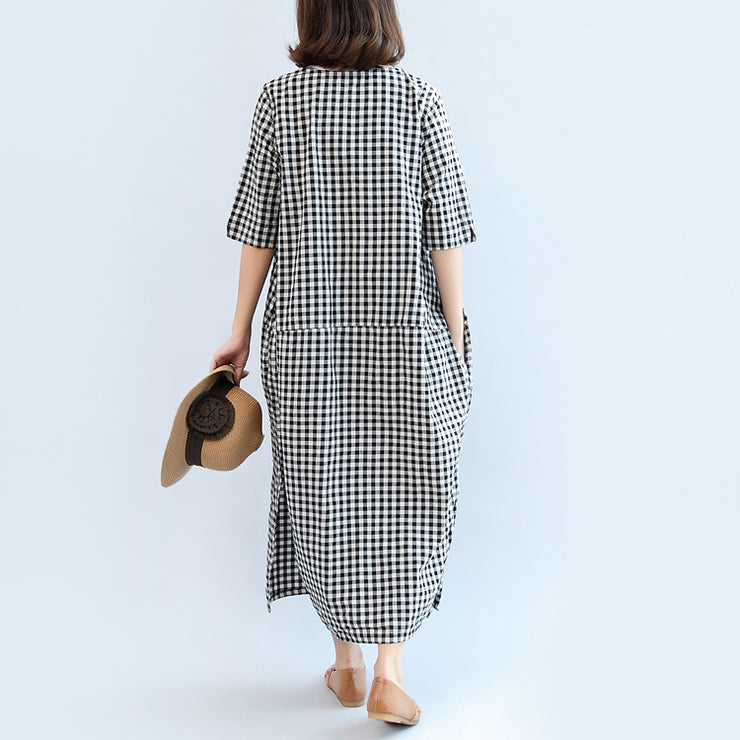 2024 black white plaid cotton dresses baggy loose half sleeve maxi dress side open