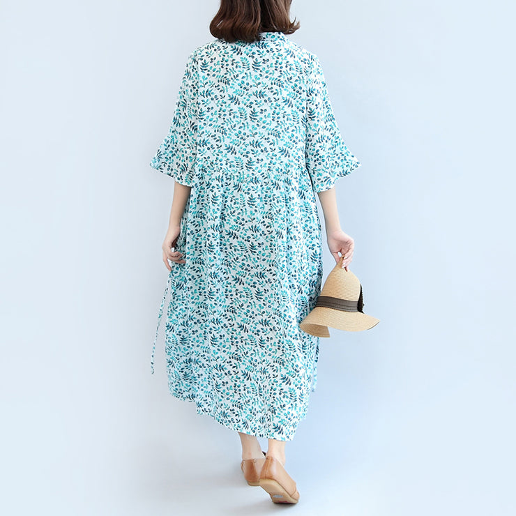 2024 blue print linen dresses plus size casual maxi dress