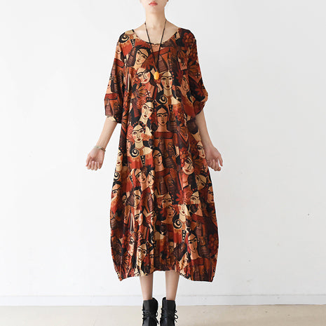 2024 brown prints cotton dress plus size clothing o neck cotton clothing dresses