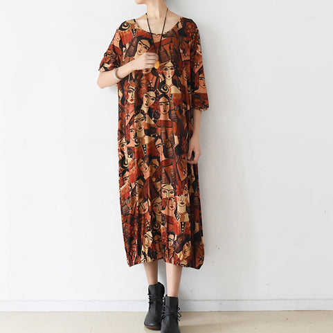 2024 brown prints cotton dress plus size clothing o neck cotton clothing dresses