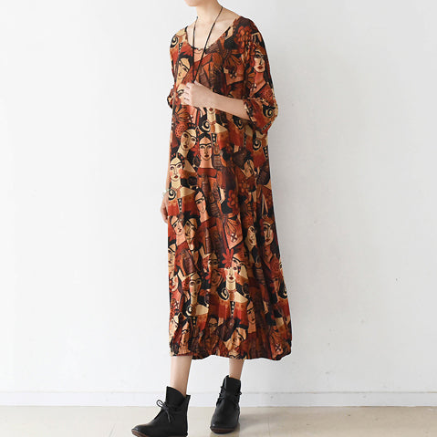 2024 brown prints cotton dress plus size clothing o neck cotton clothing dresses