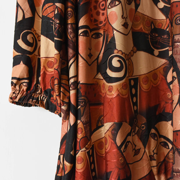 2024 brown prints cotton dress plus size clothing o neck cotton clothing dresses