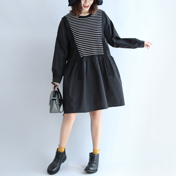 2024 dark striped knit patchwork cotton dresses plus size o neck casual dress