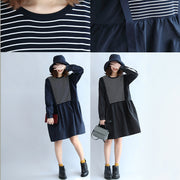 2024 dark striped knit patchwork cotton dresses plus size o neck casual dress