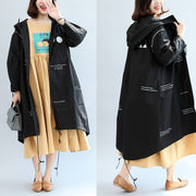 2024 fall black alphabet print cotton blouse oversize long sleeve hooded coat