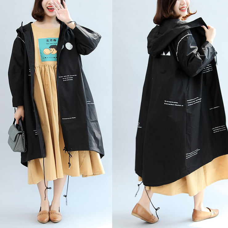 2024 fall black alphabet print cotton blouse oversize long sleeve hooded coat