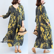 2024 fall black yellow print linen dresses plus size v neck sundress side open