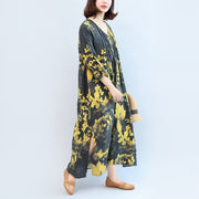 2024 fall black yellow print linen dresses plus size v neck sundress side open