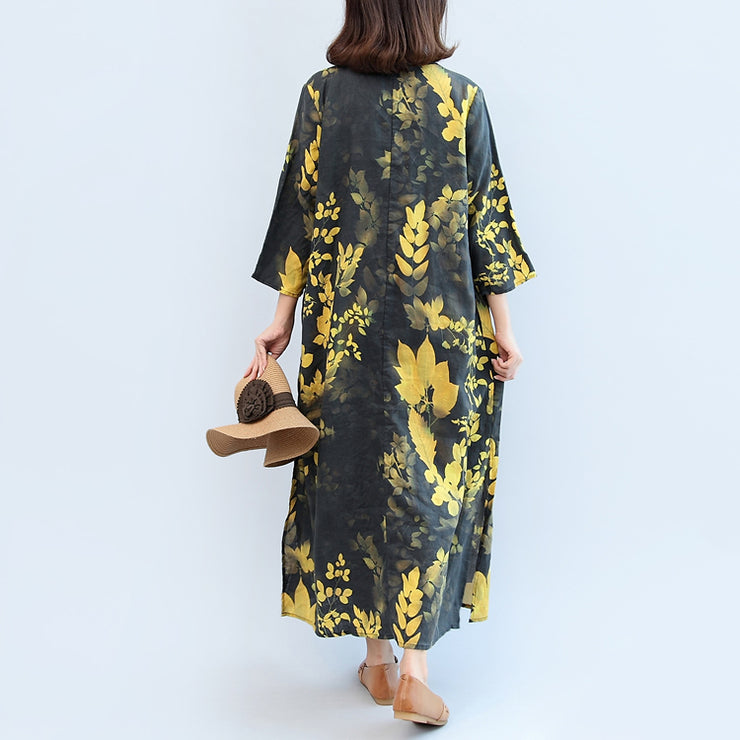 2024 fall black yellow print linen dresses plus size v neck sundress side open