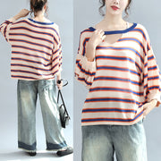 2024 fall blue striped casual cotton blouse oversize v neck tops