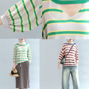 2024 fall blue striped casual cotton blouse oversize v neck tops