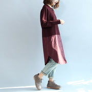 2024 fall burgundy patchwork hem cotton sweater dresses plus size casual knit shirts dress