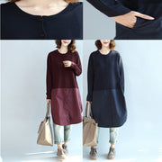 2024 fall burgundy patchwork hem cotton sweater dresses plus size casual knit shirts dress