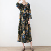 2024 fall green floral tunic linen dresses long cotton maxi dress gown