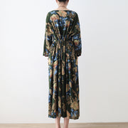 2024 fall green floral tunic linen dresses long cotton maxi dress gown