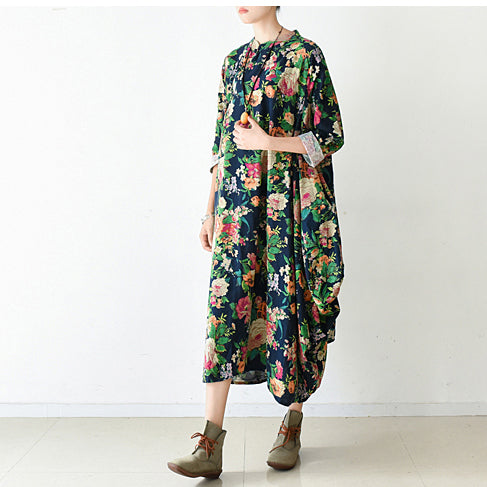 2021 Herbst Navy Baggy Floral Leinenkleider übergroße Kaftane langes Baumwollkleid