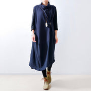 2024 fall navy linen dresses shoulder zipper design oversized caftans gown