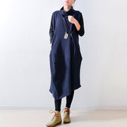 2024 fall navy linen dresses shoulder zipper design oversized caftans gown