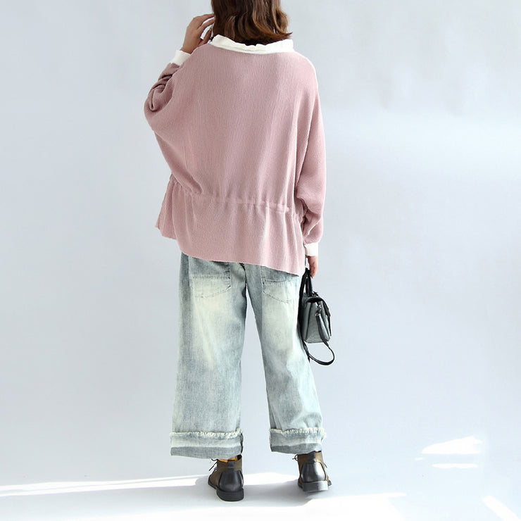 2024 fall pink casual knit tops plus size white neck ruffles fashion sweaters