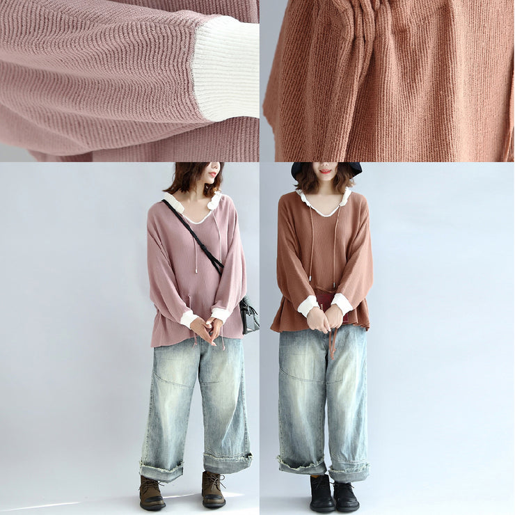 2021 Herbst Rosa lässige Strickoberteile plus Größe weiße Halsrüschen Modepullover