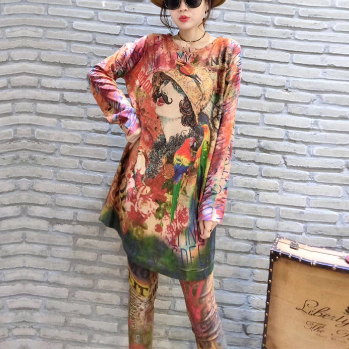 2024 fall prints casual women knit blouse oversize fashion o neck mid long sweater