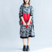 2024 fall prints ruffles black cotton shift dresses hooded oversize casual dress patchwork loving heart