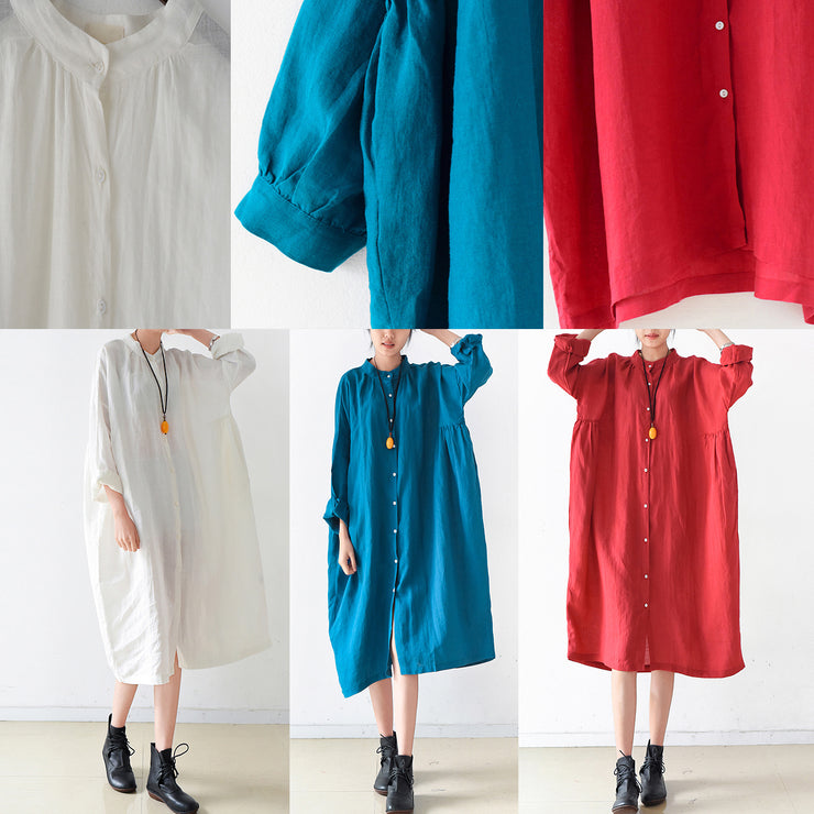 2024 fall red linen dresses plus size casual shirt dress oversize linen clothing