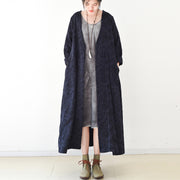 2024 fall trend Navy jacquard linen coats long maxi coat V neck casual cardigan