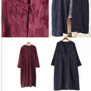 2024 fall trend Navy jacquard linen coats long maxi coat V neck casual cardigan