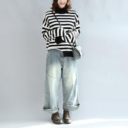 2024 fashion black white striped cotton knit tops plus size asymmetric design sweater