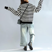 2024 fashion black white striped cotton knit tops plus size asymmetric design sweater