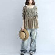 2024 fashion khaki floral knit pullover loose casual o neck sweater