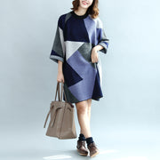 2024 geometric patchwork cotton knit dresses plus size casual bracelet sleeved sweater dress