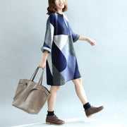 2024 geometric patchwork cotton knit dresses plus size casual bracelet sleeved sweater dress